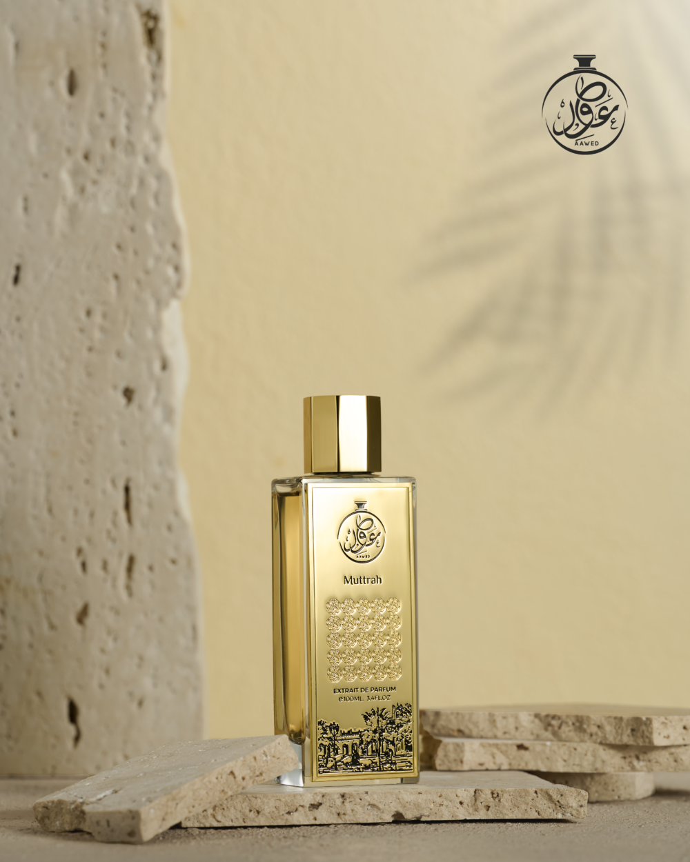Aawed Perfumes Muttrah EDP 100ML with elegant golden bottle and detailed packaging