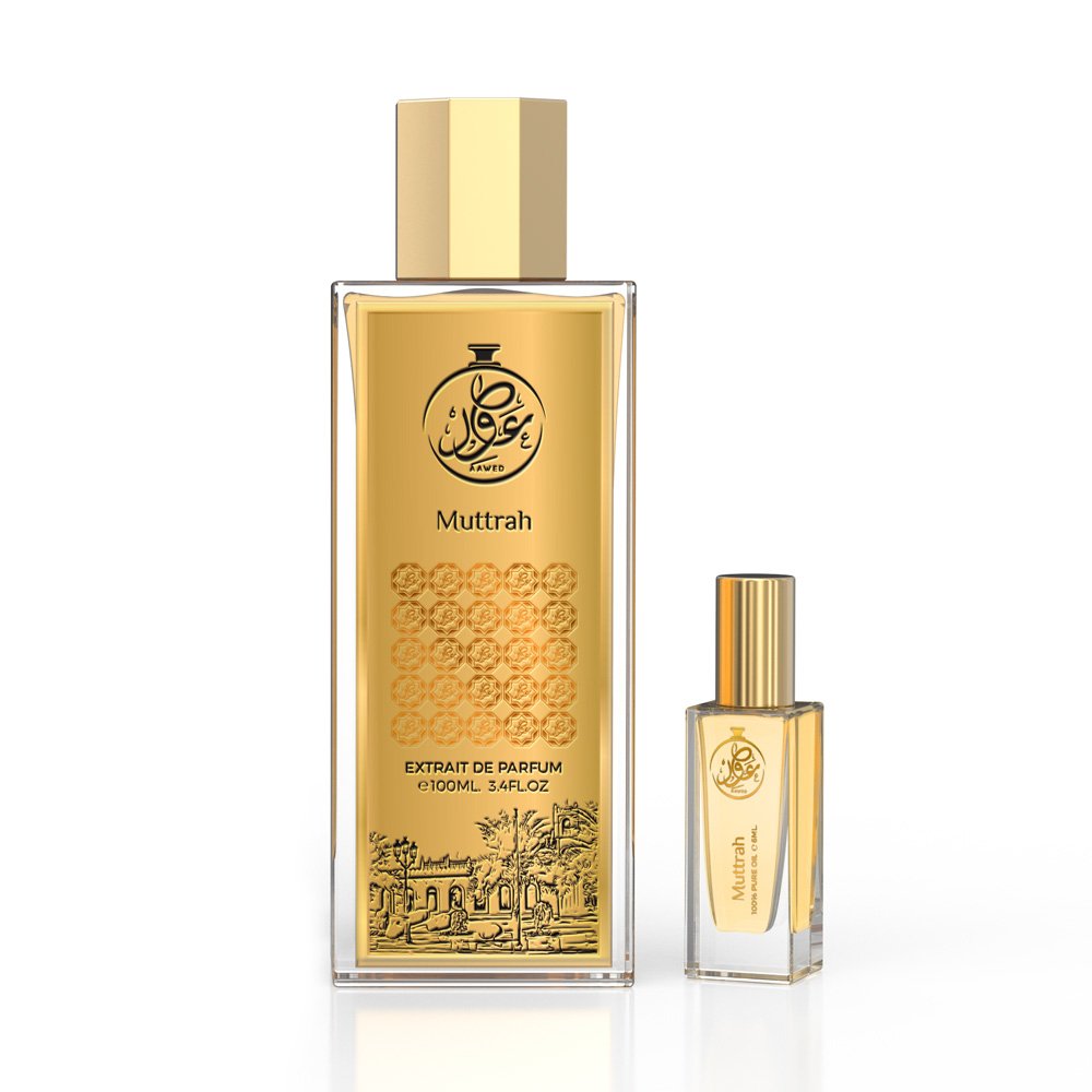 Aawed Perfumes Muttrah EDP 100ML bottle and smaller travel size perfume with gold cap