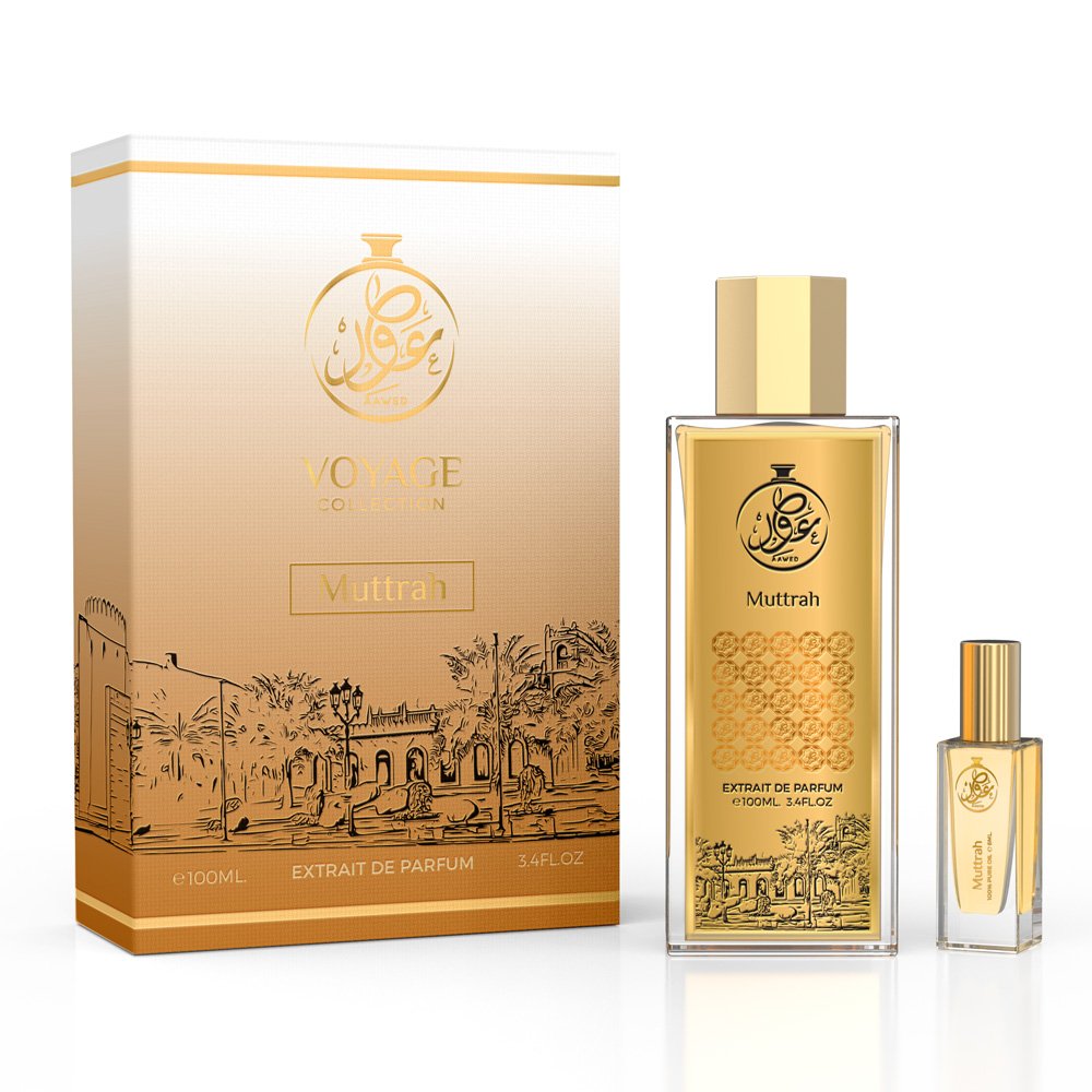 Aawed Perfumes Muttrah EDP 100ML with elegant golden bottle and detailed packaging