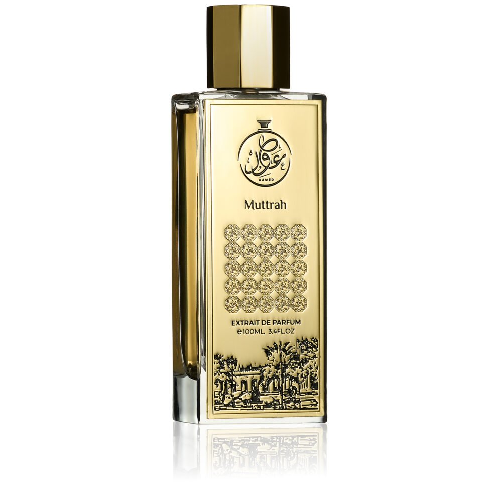 Aawed Perfumes Muttrah EDP 100ML elegant gold rectangular perfume bottle with Arabic design