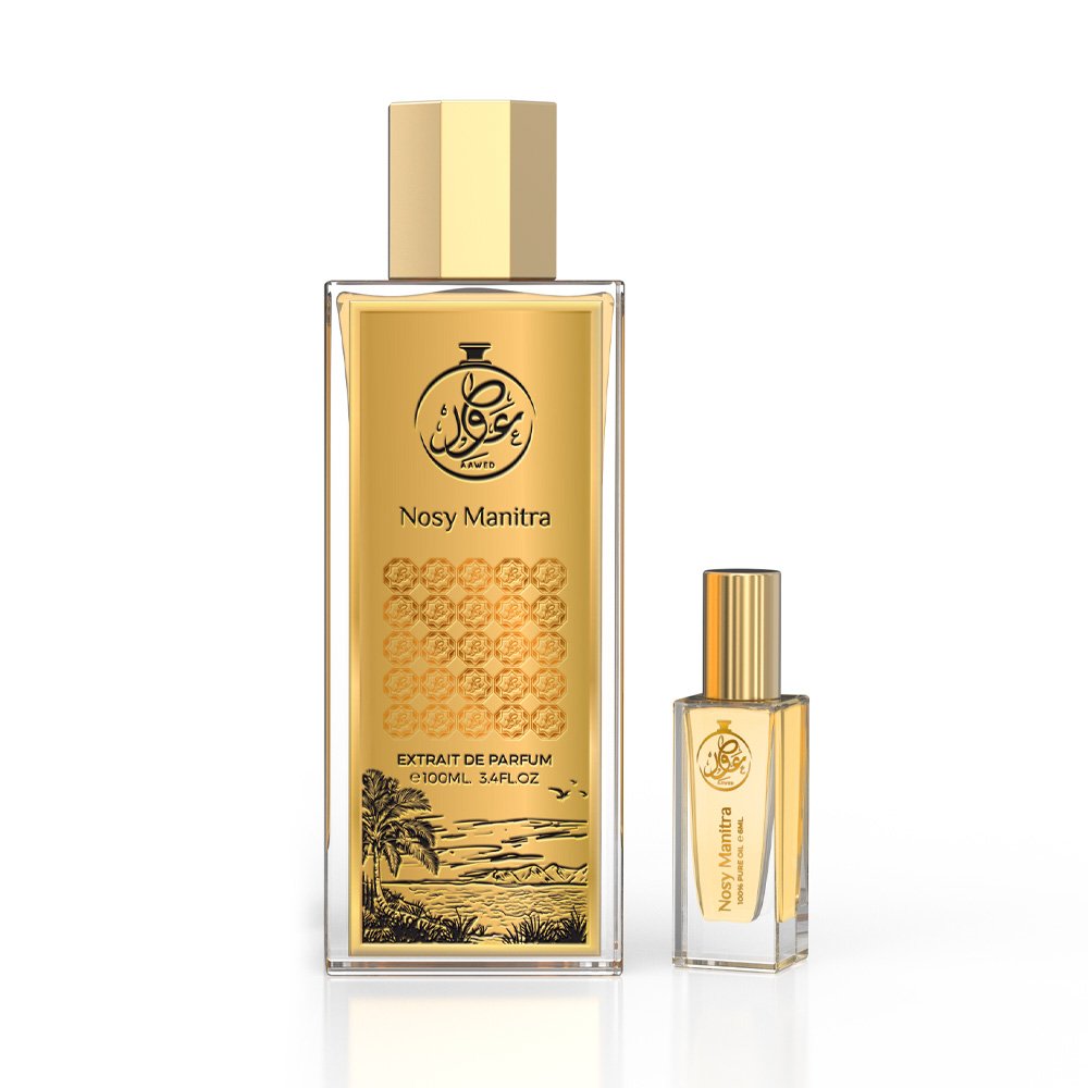 Aawed Perfumes Nosy Manitra EDP 100ml with elegant golden bottle and scenic packaging design