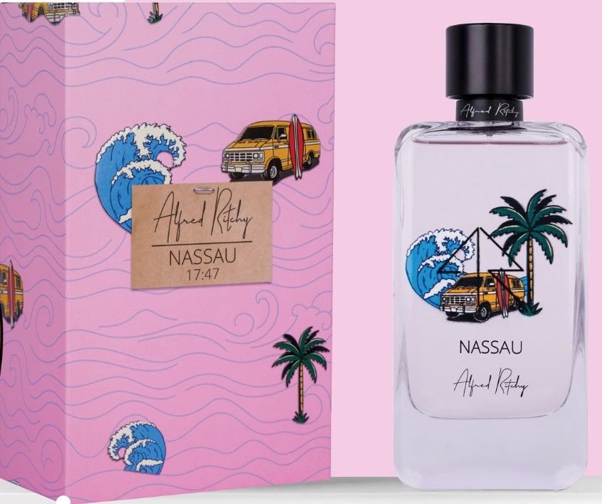 Alfred Ritchy Nassau perfume bottle and pink box featuring beach wave, palm tree, and van design with Alfred Keby Nassau scent
