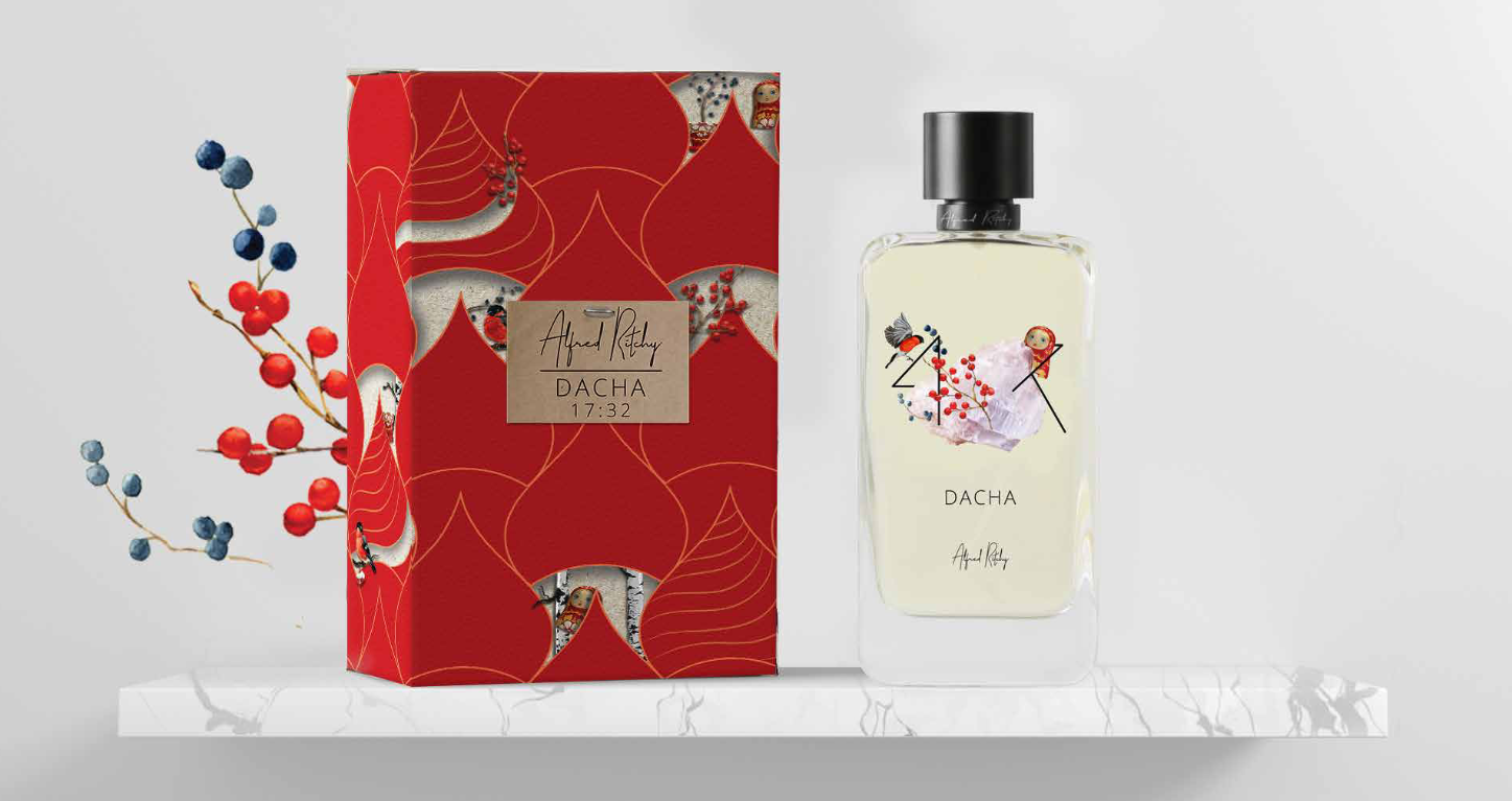 ALFRED RITCHY DACHA niche perfume bottle and red decorative box displayed on white marble surface
