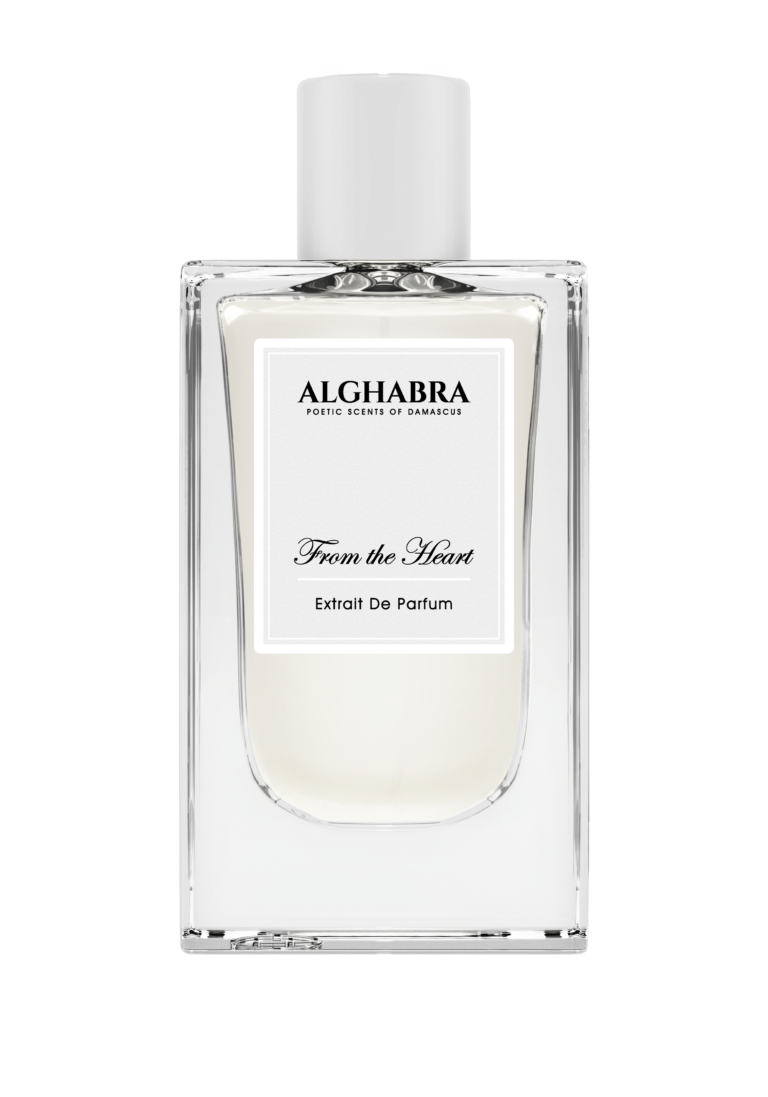 Alghabra From the Heart perfume in a clear rectangular glass bottle with white label and cap