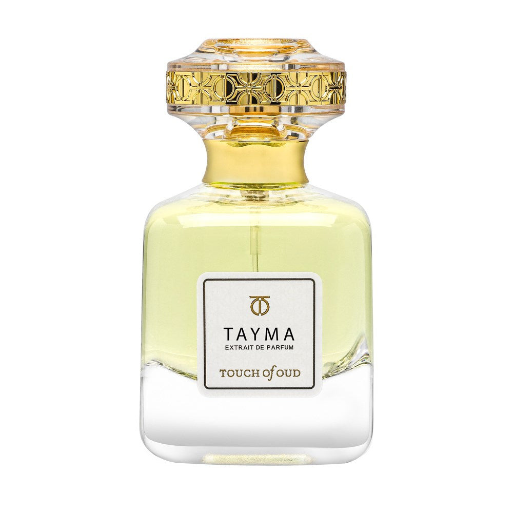 Touch Of Oud Tayma Extrait perfume bottle with gold decorative cap and clear glass design