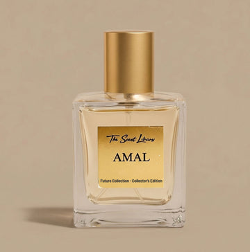 Amal perfume by The Scent Library, a clear square glass bottle with a gold cap, a UAE Hope Probe tribute Collector's Edition