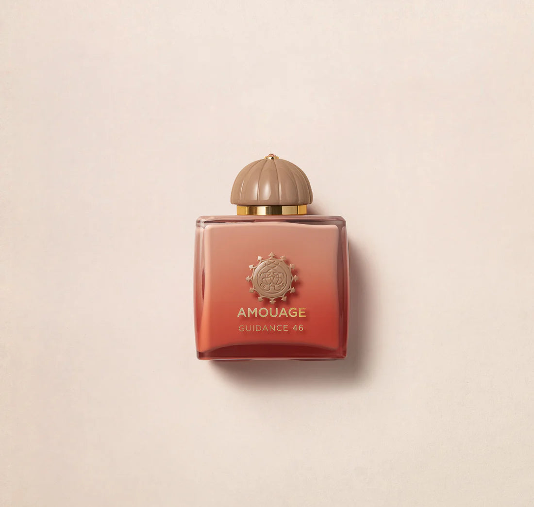 Amouage Guidance 46 Extrait de Parfum in a gradient amber and brown glass bottle with gold emblem and beige cap