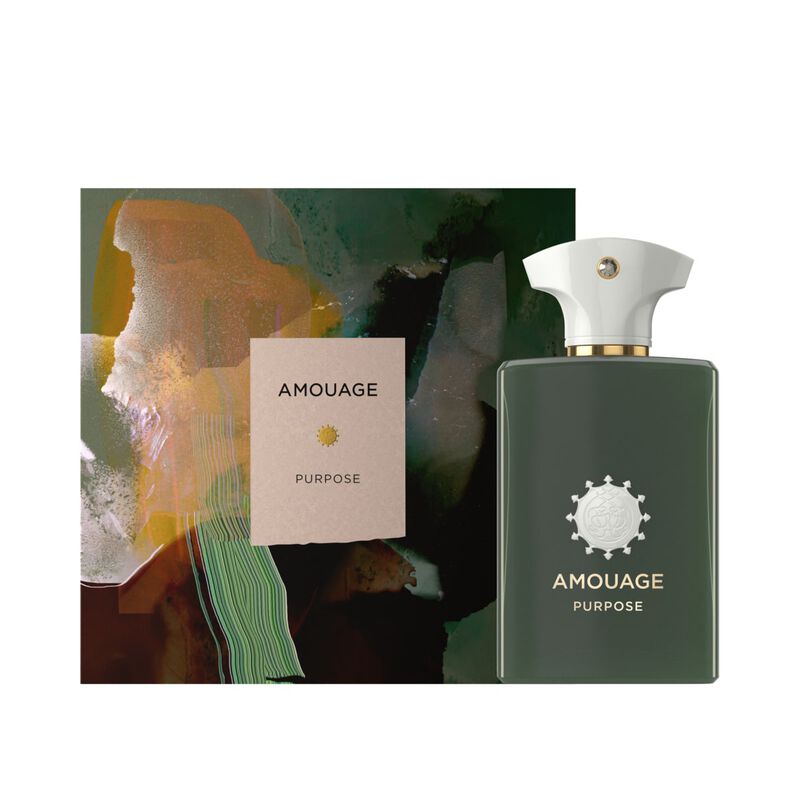 Amouage Purpose perfume bottle with natural aromatic ingredients like wood, resin, and saffron