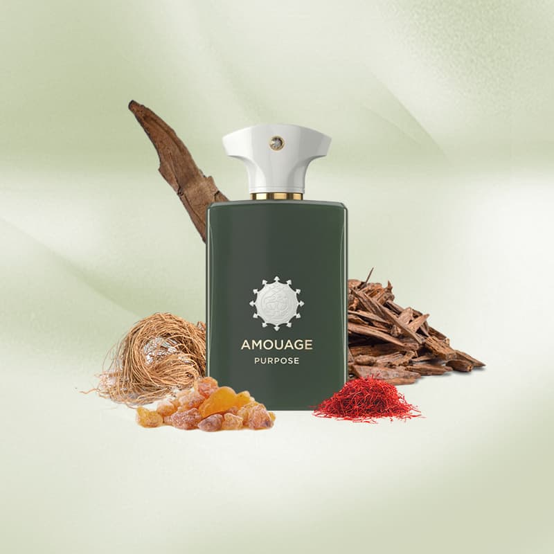 Amouage Purpose perfume bottle with natural aromatic ingredients like wood, resin, and saffron