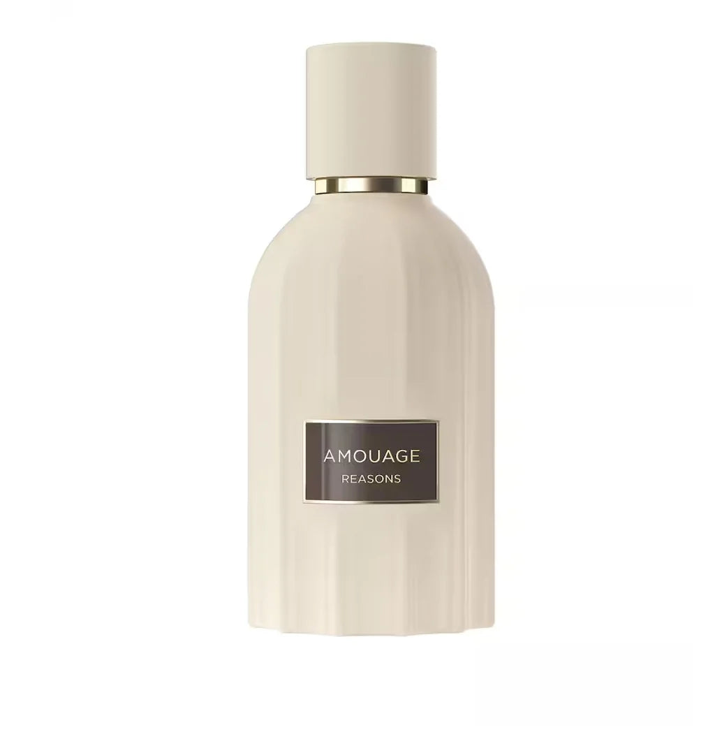 Elegant beige bottle of Amouage Reasons perfume with a minimalist design and gold accent