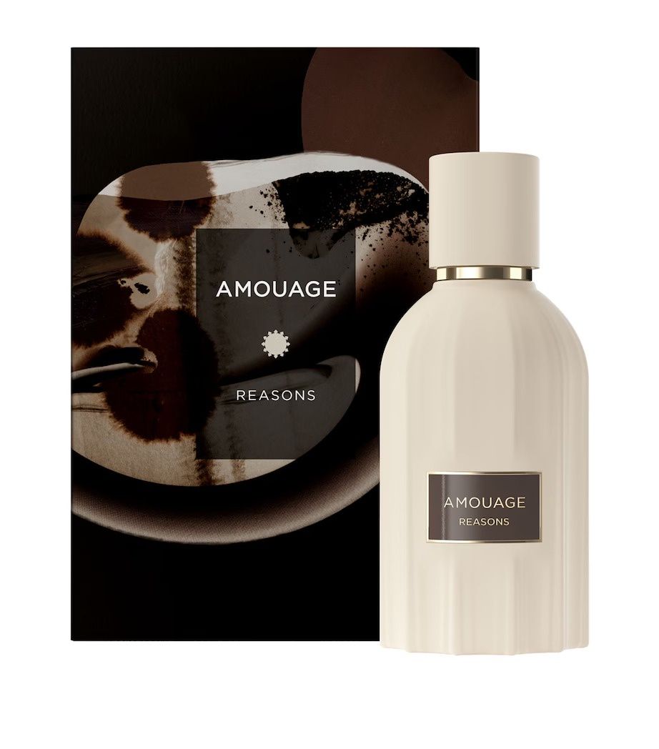 Amouage Reasons perfume bottle with matching artistic black and brown packaging box