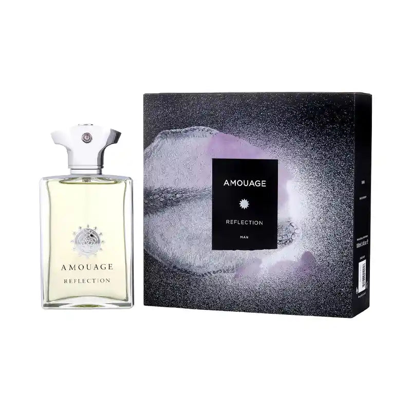 Amouage Reflection Man perfume bottle with silver cap next to black and purple textured packaging box