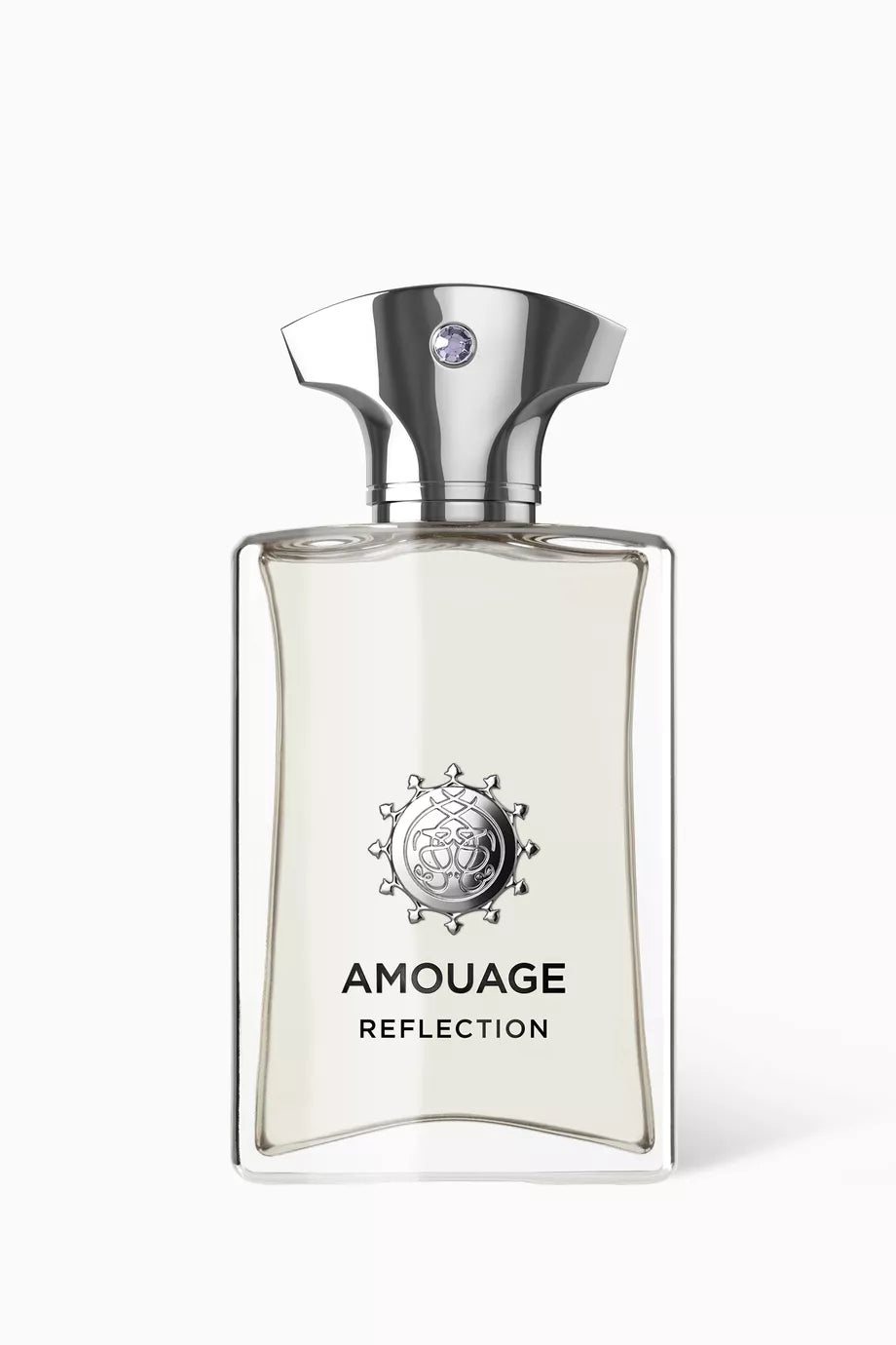 Amouage Reflection Man perfume bottle with silver cap and clear liquid inside
