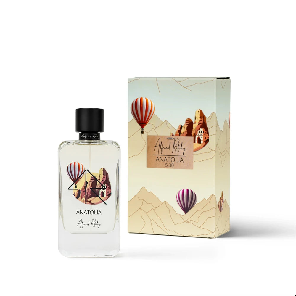 ALFRED RITCHY Anatolia perfume bottle and packaging with hot air balloon and mountain design