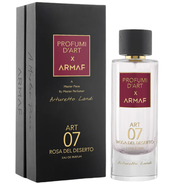 ARMAF ART 07 Rosa del Deserto fragrance perfume bottle with black cap and yellow liquid