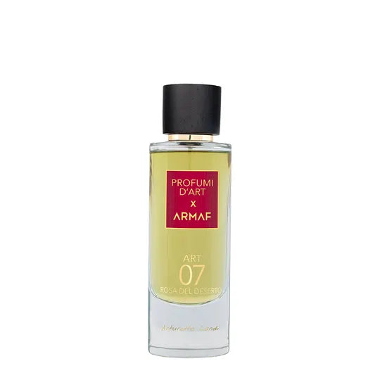 ARMAF ART 07 Rosa del Deserto fragrance perfume bottle with black cap and yellow liquid