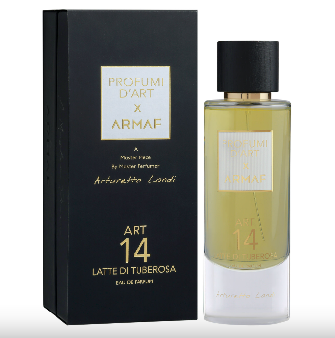 ARMAF ART 14 Latte di Tuberosa perfume bottle and black box packaging with gold lettering
