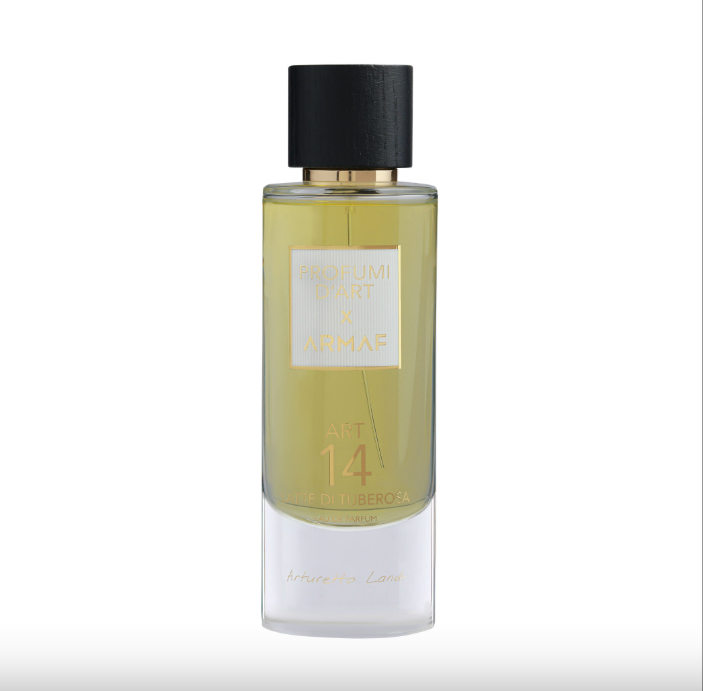 ARMAF ART 14 Latte di Tuberosa perfume bottle and black box packaging with gold lettering