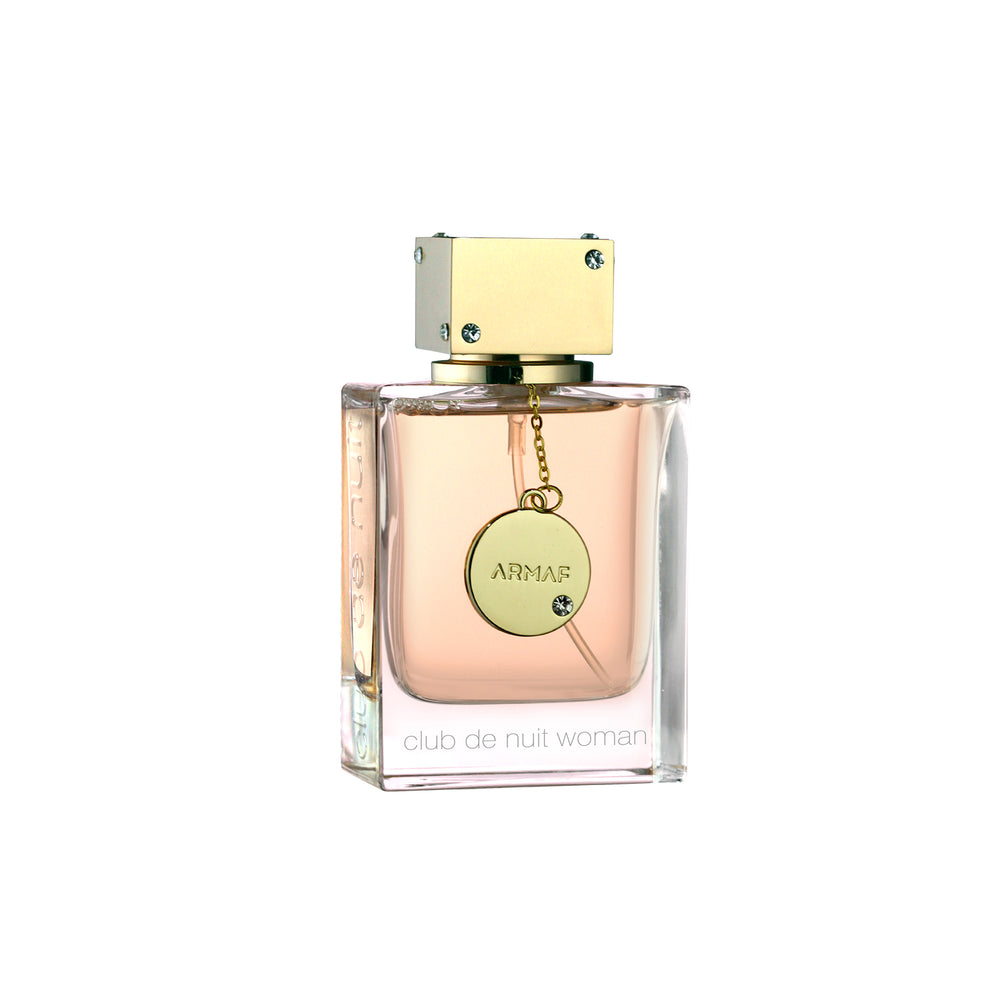 ARMAF Club de Nuit Woman perfume bottle with gold cap and light pink fragrance inside