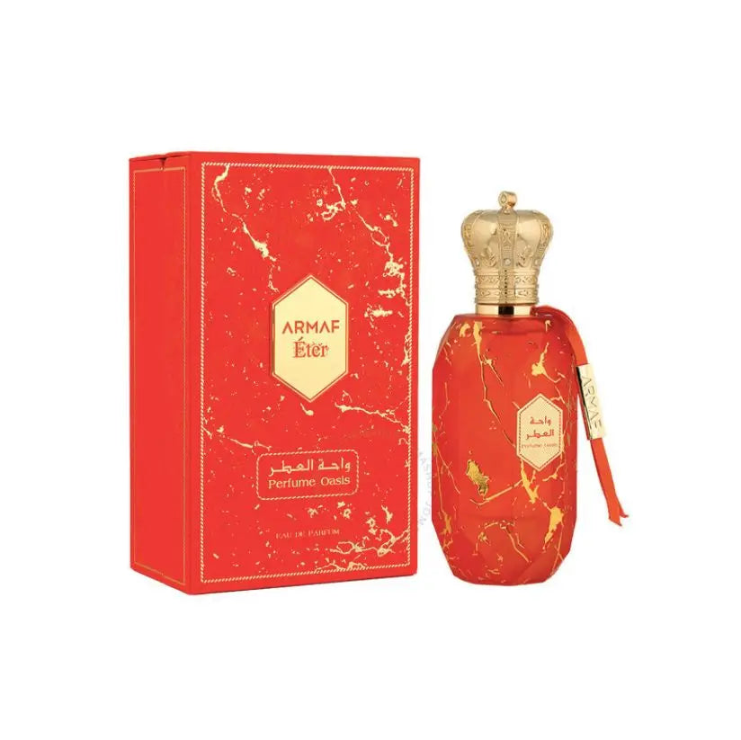 Perfume Oasis by Armaf red and gold decorative bottle with matching red box packaging
