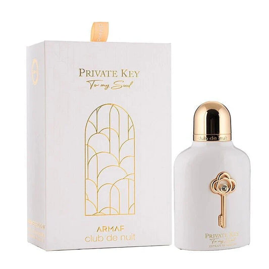 ARMAF Private Key To My Soul fragrance bottle and white box with gold accents and key design