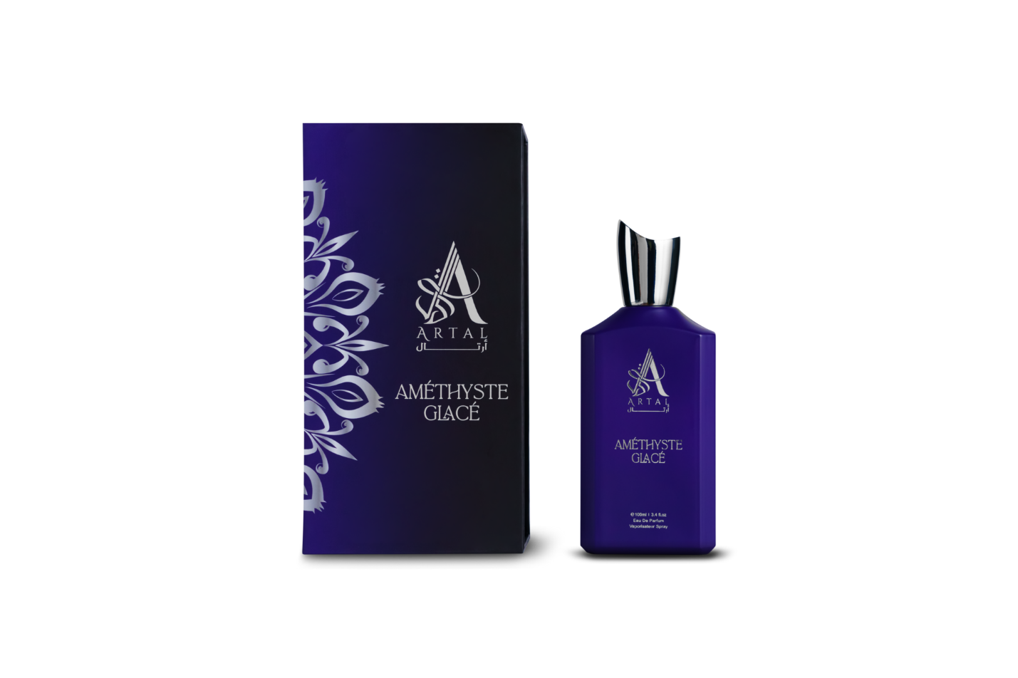 Artal Perfumes Amethyste Glace perfume bottle in purple with matching decorative box
