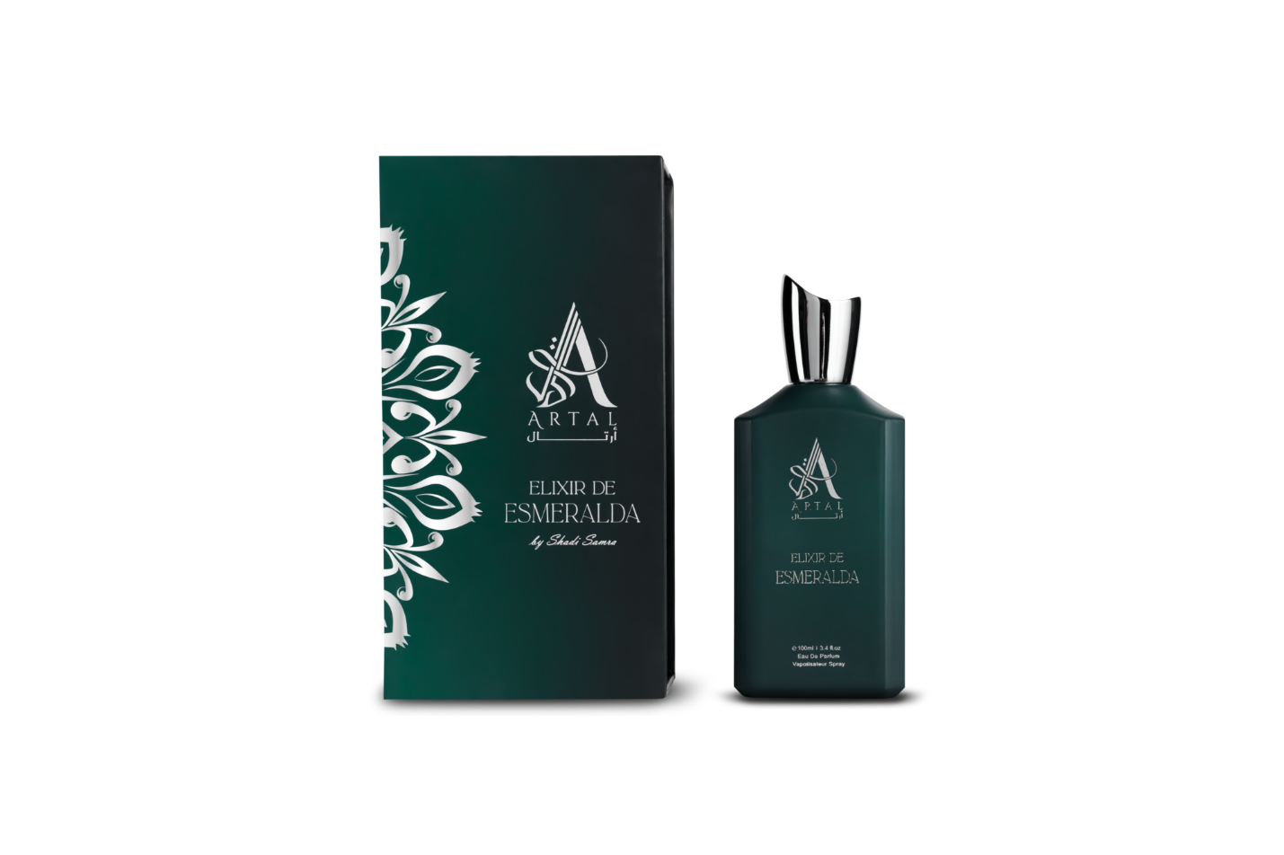Artal Perfumes Elixir De Esmeralda perfume bottle and matching green box with silver logo and floral design