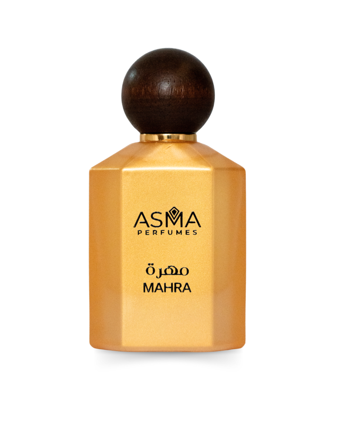 Mahra luxury perfume by Maison Asma in a sleek golden bottle with a wooden cap