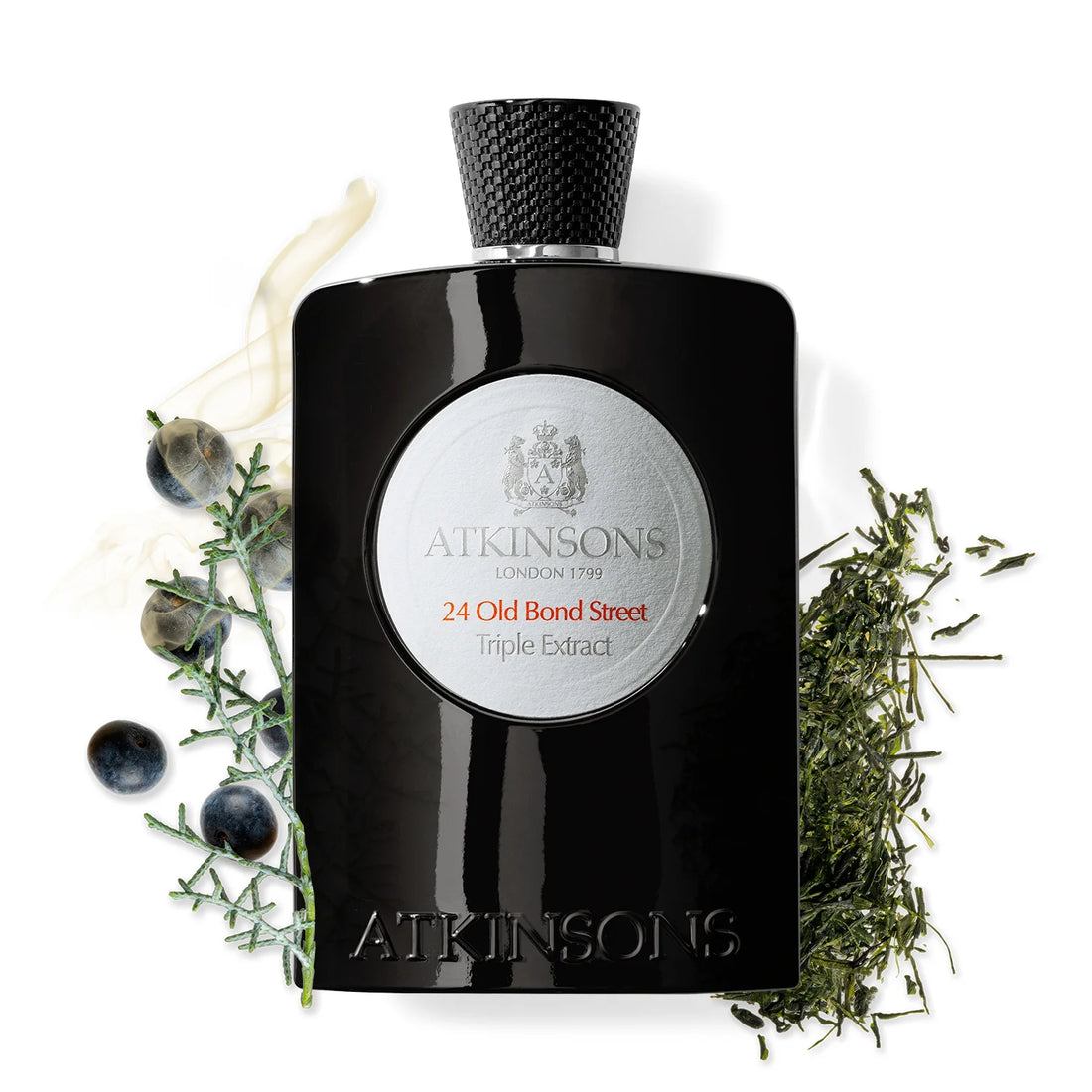 Atkinsons 24 Old Bond Street cologne black bottle with herbs and berries around it