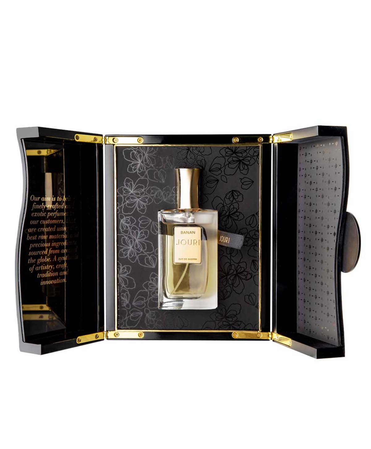 Jouri Banan EDP 50ml Dubai perfume bottle in a luxurious black and gold floral presentation box