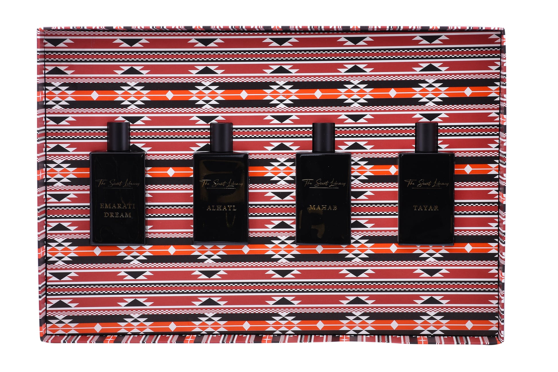 Baytak Collector’s Edition perfume set featuring four elegant black bottles in a decorative gift box