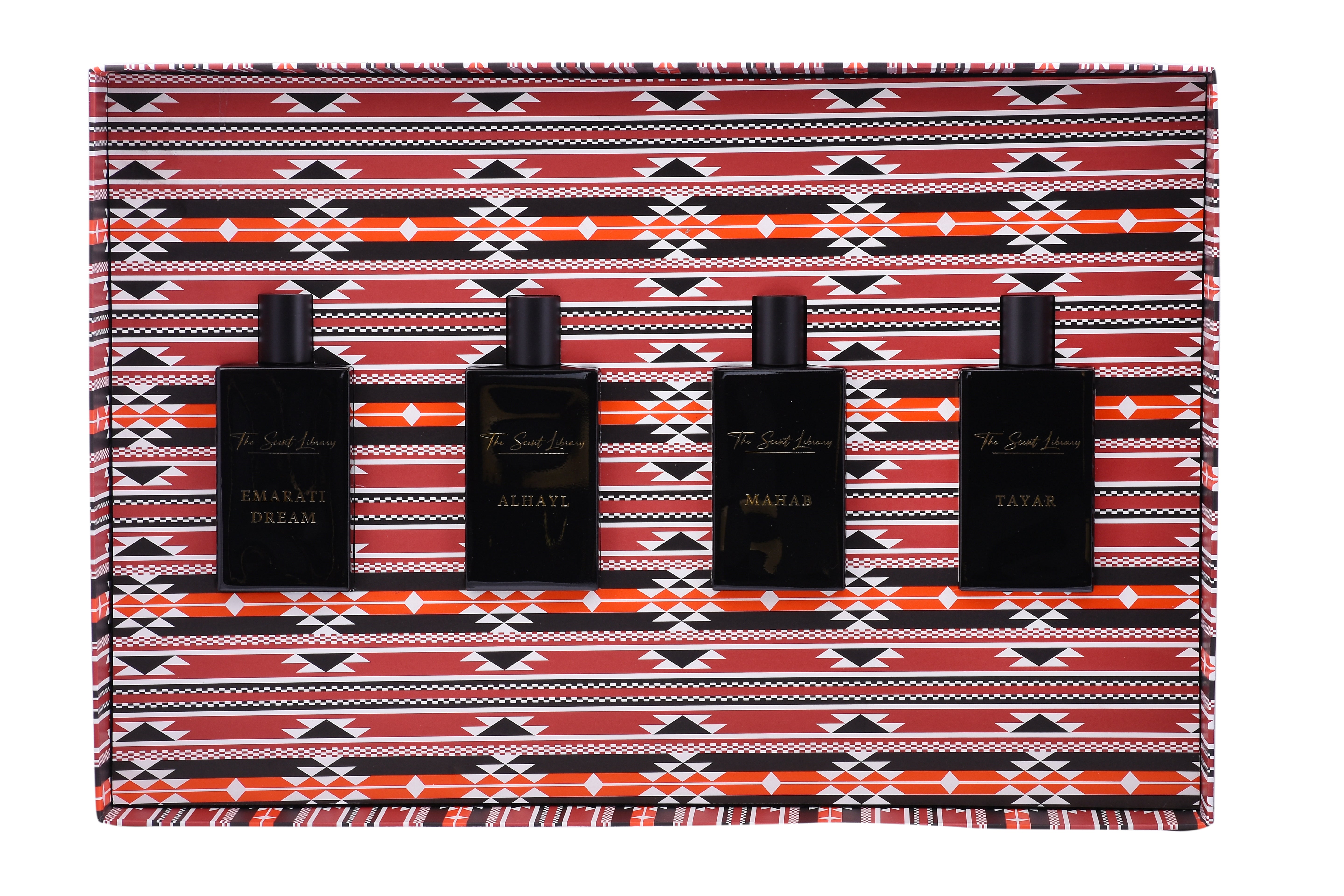Baytak Collector’s Edition perfume set featuring four elegant black bottles in a decorative gift box
