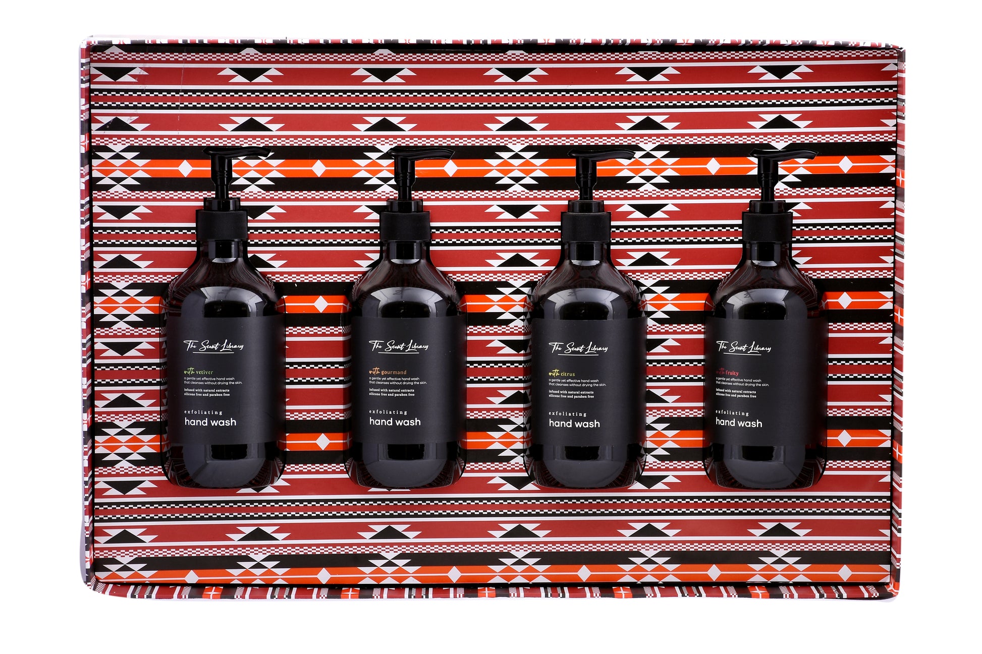 BAYTAK Family Collection hand wash set with four elegant bottles on a patterned tray
