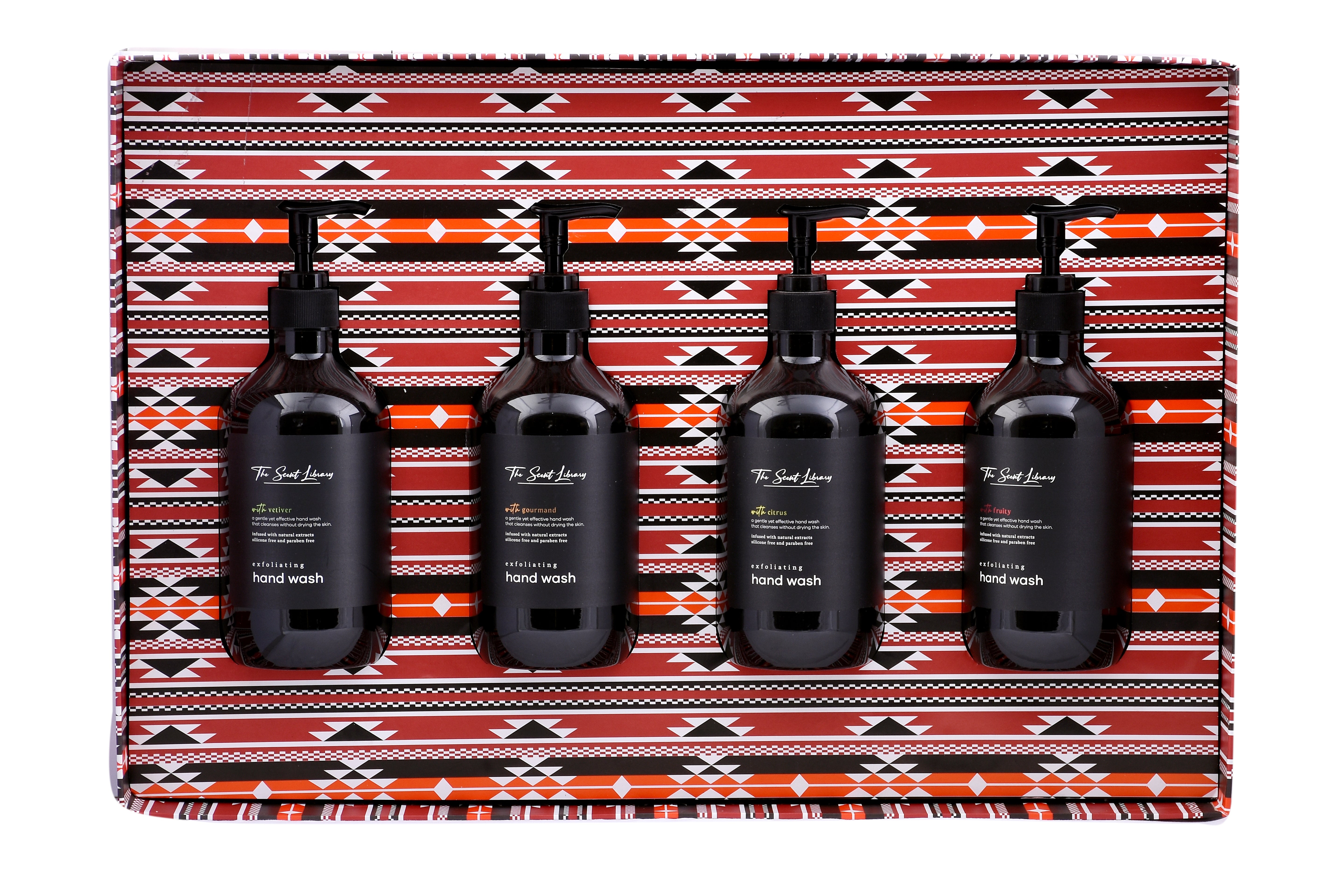 BAYTAK Family Collection hand wash set with four elegant bottles on a patterned tray