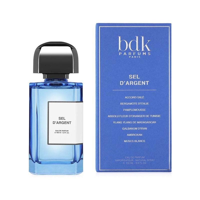 BDK Parfums Sel D’Argent perfume bottle and blue packaging box with detailed scent notes