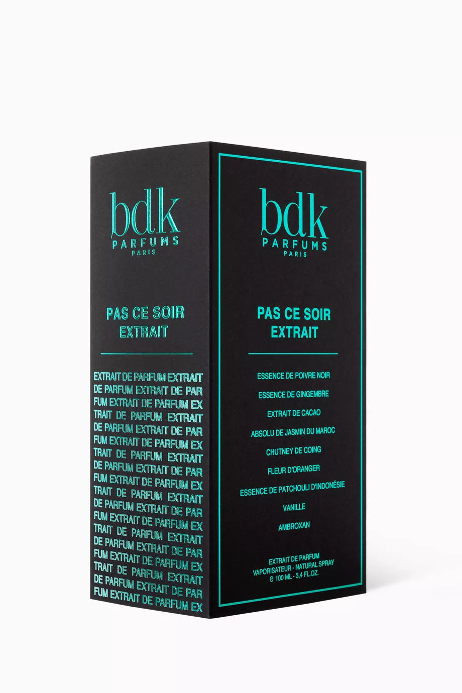 BDK Parfums Pas Ce Soir Extrait perfume black box with teal text and detailed fragrance notes