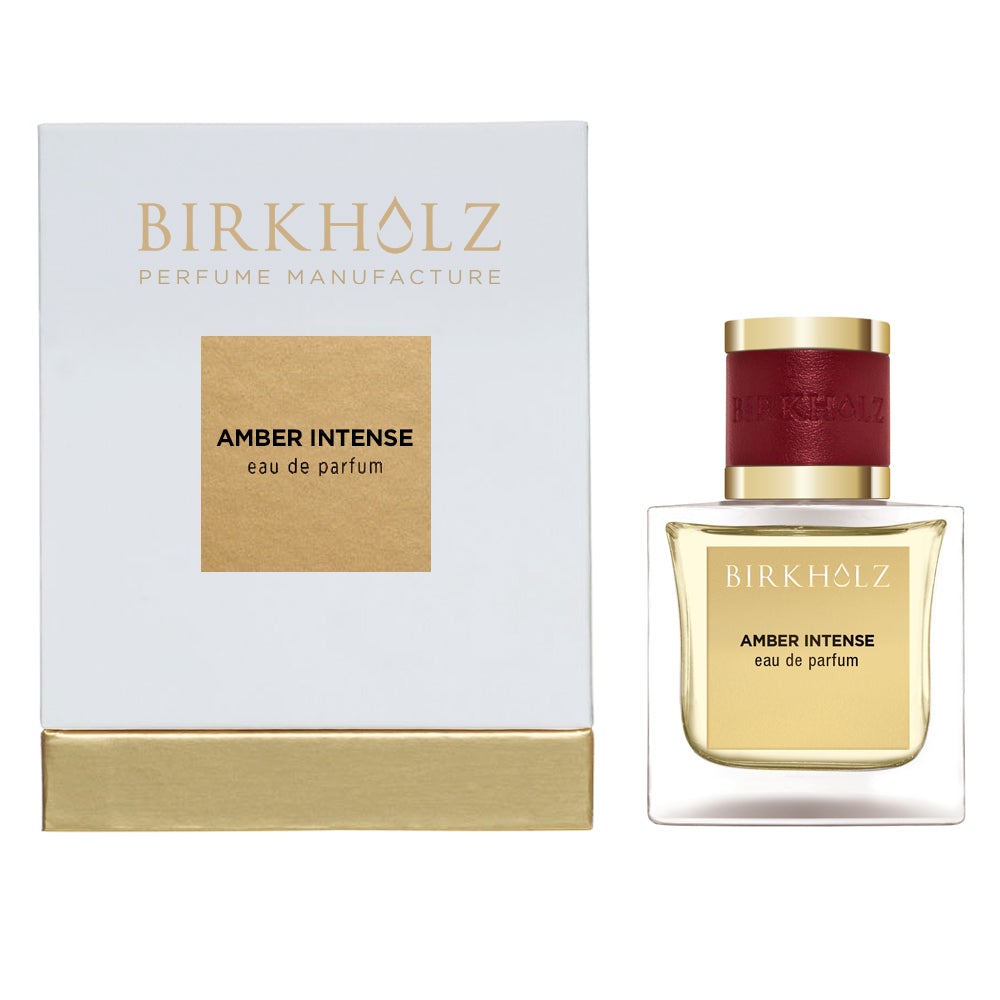 Birkholz Amber Intense Eau de Parfum bottle and packaging with gold and red accents