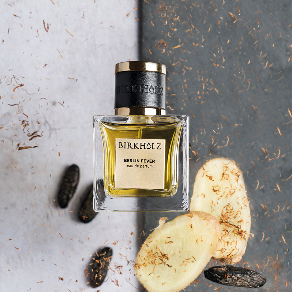 Birkholz Berlin Fever Eau de Parfum 100ml bottle with natural ingredients on textured background