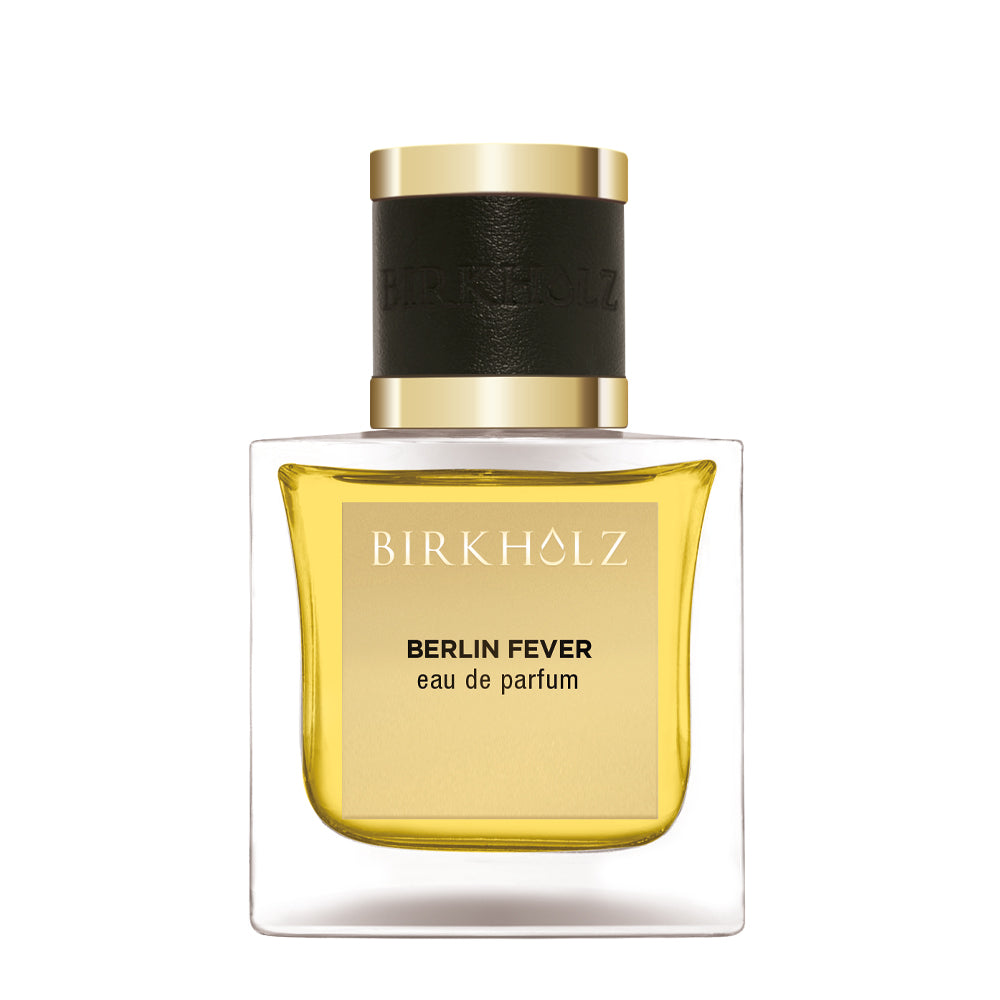 Birkholz Berlin Fever Eau de Parfum 100ml bottle with gold and black cap and amber fragrance liquid