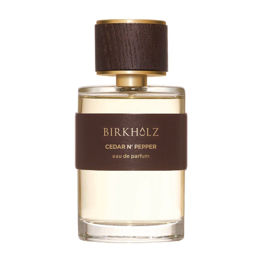 Birkholz Cedar N' Pepper 100 ML perfume bottle with brown wooden cap and label