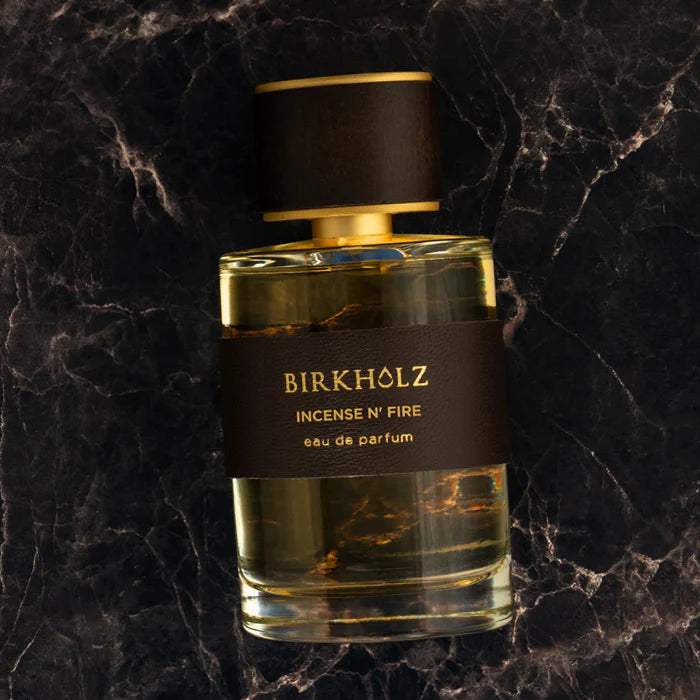 Birkholz Incense N Fire eau de parfum 100ml bottle with amber liquid and dark brown cap