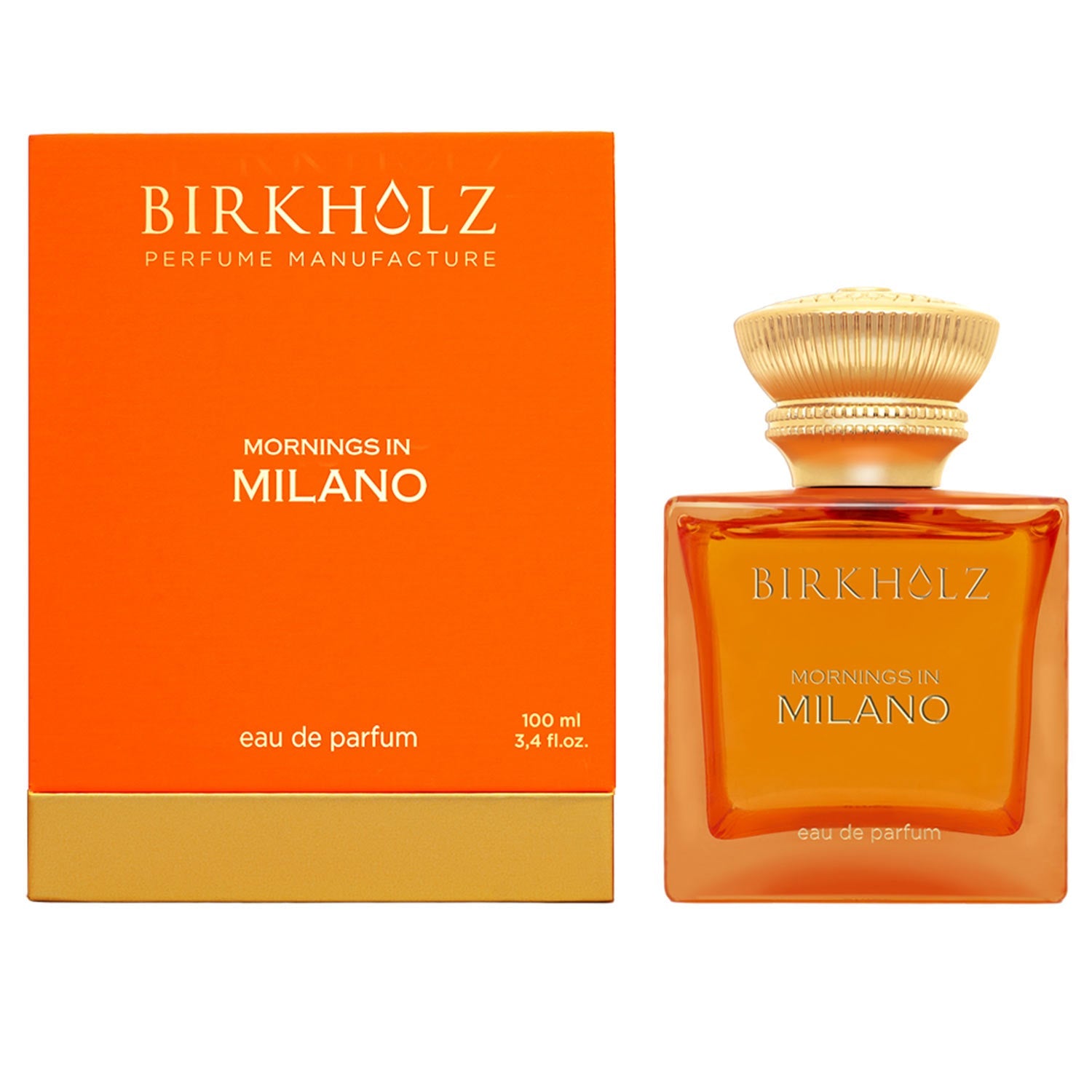 Birkholz Mornings in Milano EDP 100ml perfume bottle and orange box with gold accents
