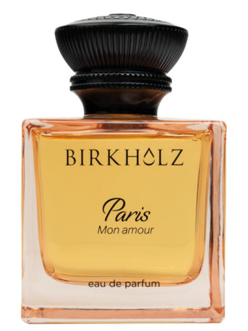 Birkholz Paris Mon Amour Eau de Parfum bottle with amber liquid and black cap