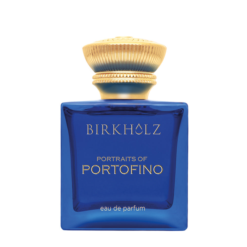 Birkholz Portraits of Portofino perfume bottle in deep blue glass with gold cap