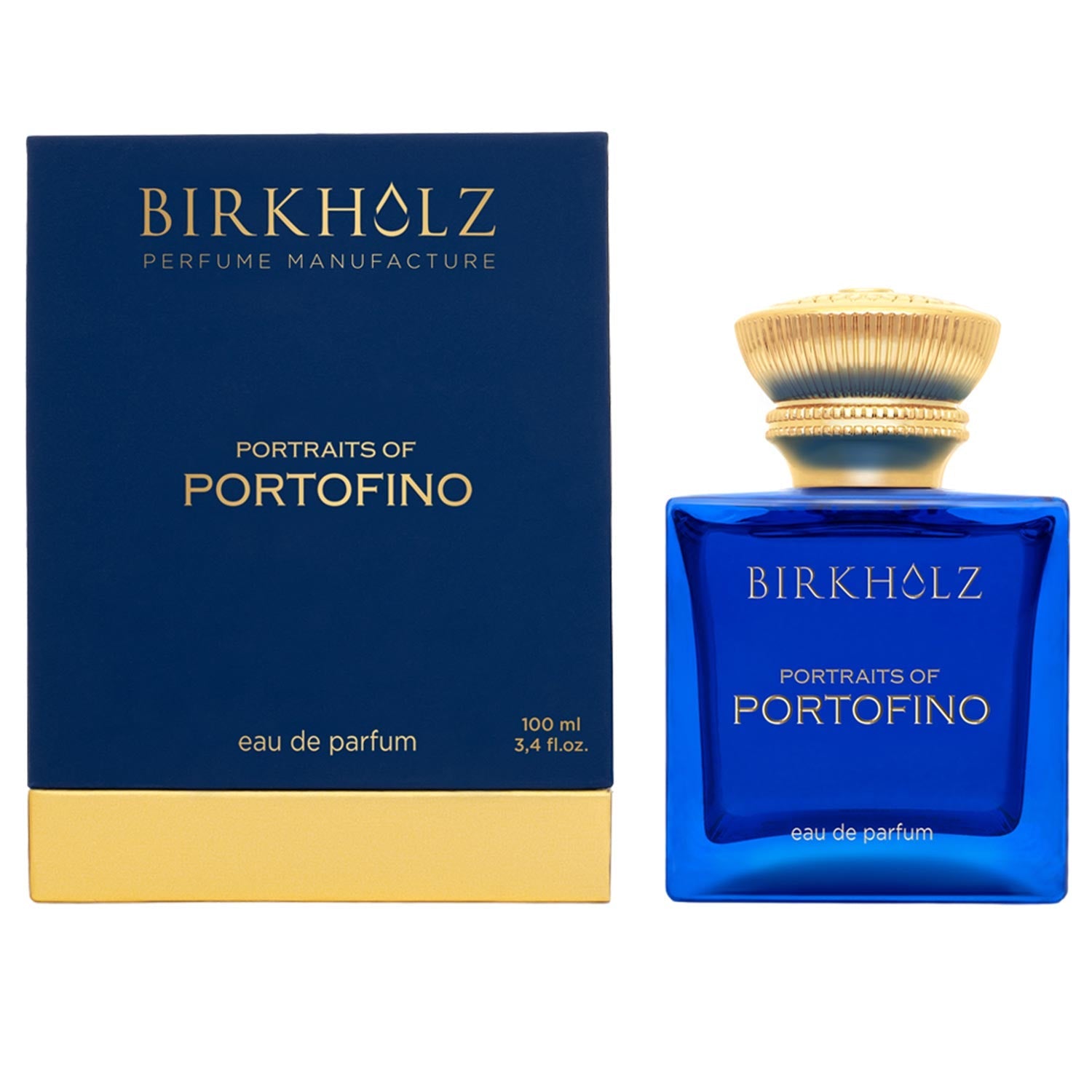 Birkholz Portraits of Portofino perfume bottle and navy blue packaging with gold accents