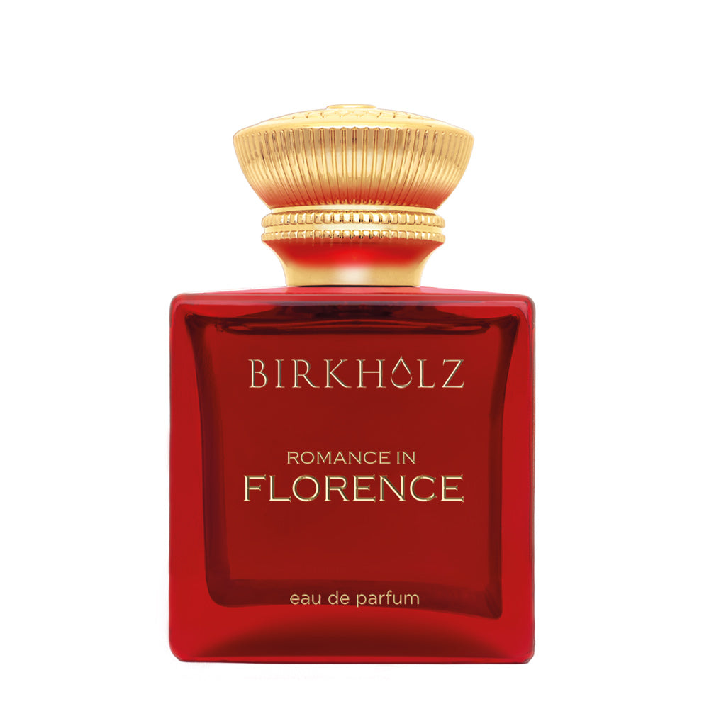 Birkholz Romance in Florence perfume in a red bottle with gold cap and elegant lettering