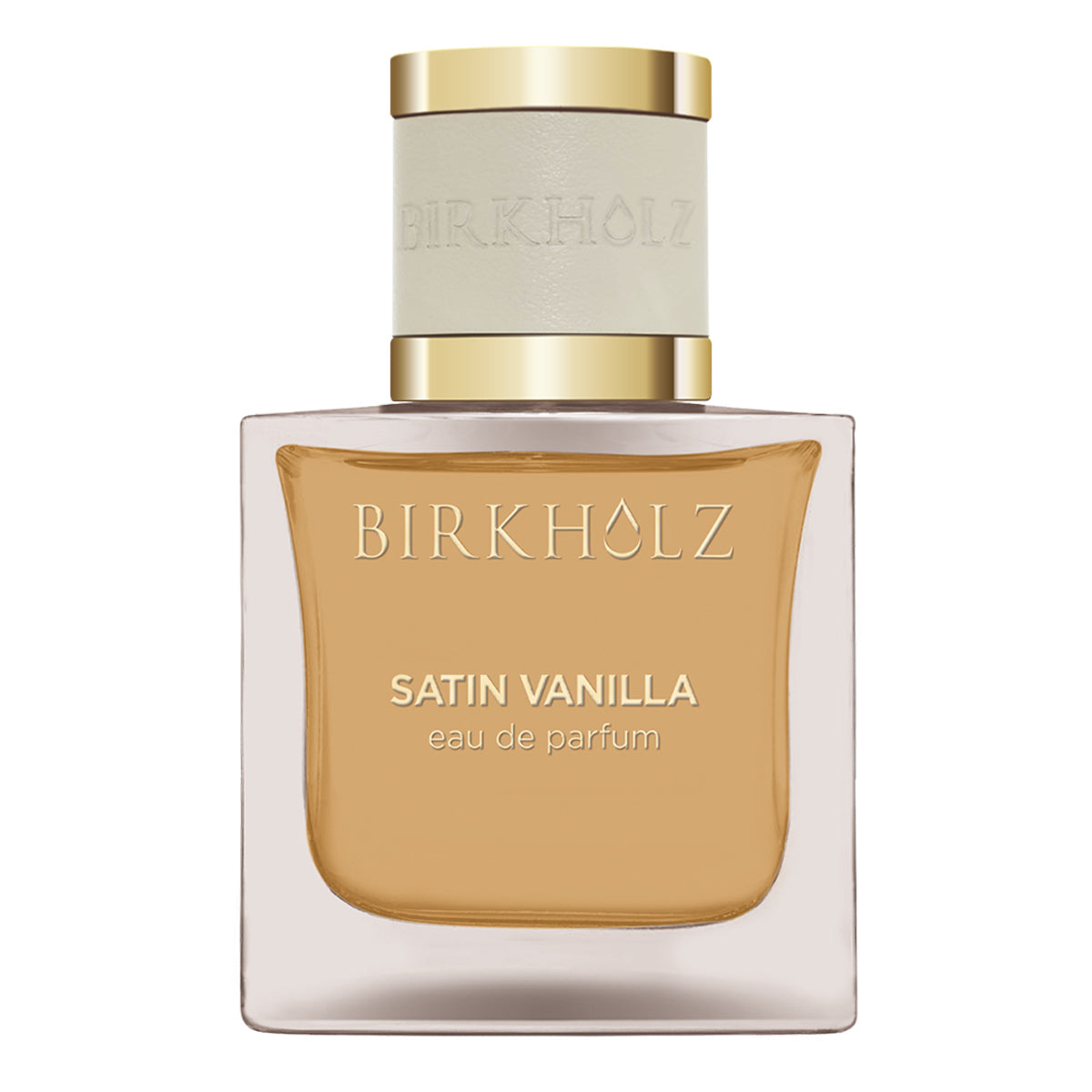 Satin Vanilla Birkholz eau de parfum in a square glass bottle with gold and white cap