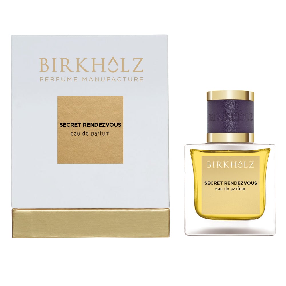 Birkholz Secret Rendezvous Eau de Parfum bottle with matching white and gold packaging
