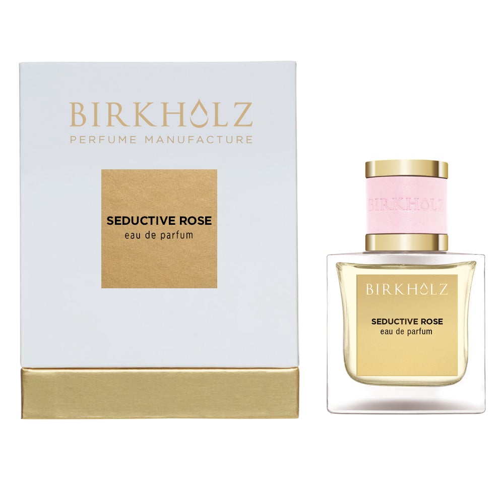 Birkholz seductive rose perfume eau de parfum bottle and white gold-accented box