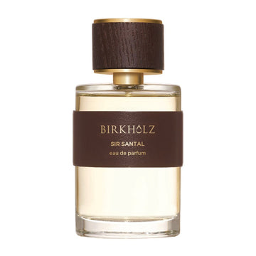 Birkholz Sir Santal eau de parfum in clear glass bottle with dark brown leather and wood cap